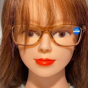 1436 Helen 2.5 Reading Glasses Thin Rectanle Bluelight Filter Tan Frames NWT